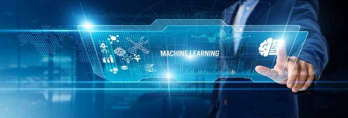 Businessman touching machine learning on digital screen, predictive analytics, data modeling, AI algorithms, intelligent automation, pattern recognition, business insights, innovation, decision-making