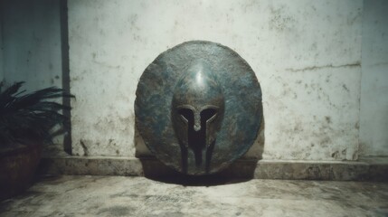 Fototapeta premium Ancient Greek Spartan helmet artifact on concrete floor. Archaeological discovery of classical military equipment. Historical relic from antiquity. Museum exhibition piece.