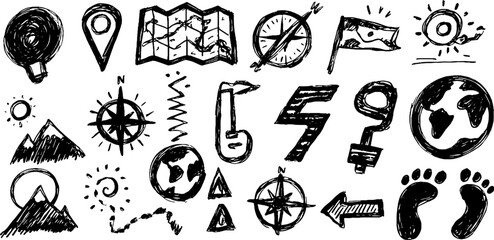 Doodle set of navigation and map icons with compass and pins for travel design