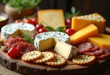 artfully arranged gourmet cheese wheel display colorful cheeses platter artisan charcuterie plate rustic side table presentation, food, party, selection