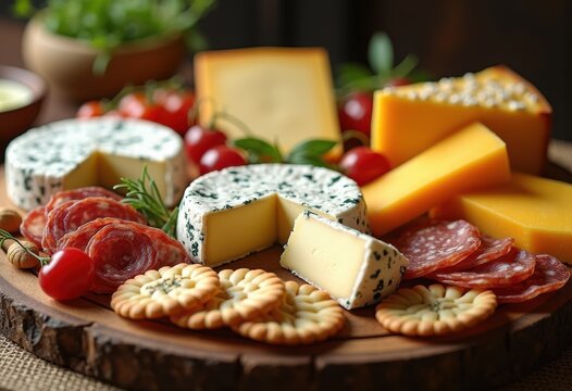 artfully arranged gourmet cheese wheel display colorful cheeses platter artisan charcuterie plate rustic side table presentation, food, party, selection - Powered by Adobe