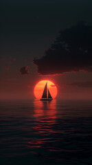Sailboat Silhouette against Fiery Red Sunset Horizon