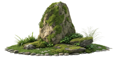 Moss Covered Rock Garden Scene, Isolated on Transparent Background, 3D Render, Nature, Rock, Garden, Moss