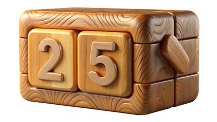 Wooden flip calendar showing the number 25, isolated on transparent background