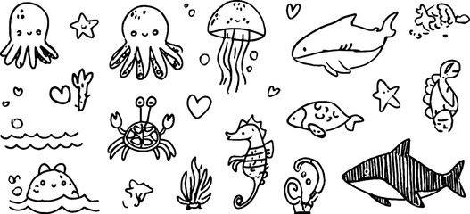 Obraz premium Whimsical sea creatures doodle set featuring octopus, squid, and more - perfect for creative projects