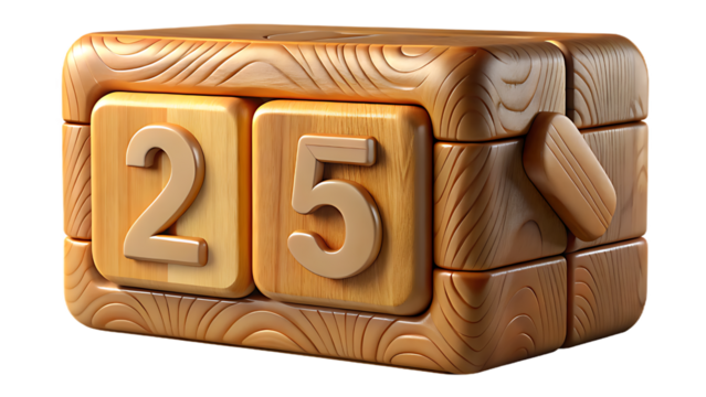 Wooden flip calendar showing the number 25, isolated on transparent background