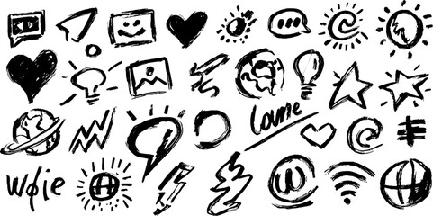 Creative doodle set of social media icons with like and share symbols for digital design