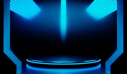 Naklejka premium 3d illustration rendering of y2k 2000s gaming technology futuristic fantasy metaverse cyberpunk sci-fi display podium pedestal stage room abstract background in neon-glow