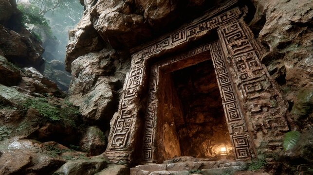 Ancient stone door with intricate carvings in jungle cave. Archaeological discovery of lost civilization. Mystery of hidden temple entrance for adventure game or movie scene