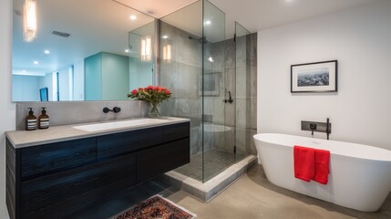 A modern bathroom interior features a sleek design with clean lines and minimalist decor, showcasing an inviting atmosphere. 