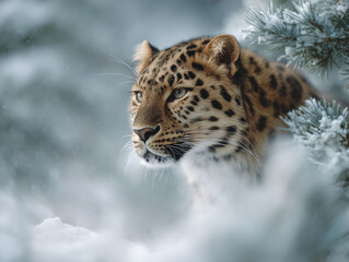 Obraz premium Focused leopard portrait in a snowy environment. Evokes themes of wilderness, predator instinct, and natures beauty. Great for wildlife, conservation, or winterthemed projects.