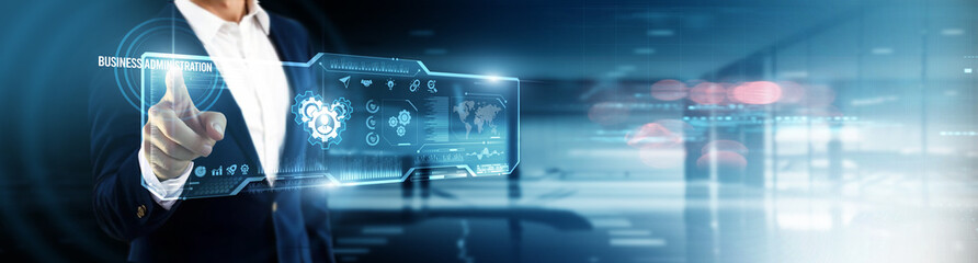 Businessman touching business administration on digital screen. corporate management, organizational strategy, operational efficiency, team coordination, policy implementation, executive oversight