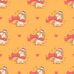 Obraz premium Seamless pattern with Cute Autumn Horse with Fall Leaves on orange background. Funny seasonal Animal character in red Hat and Scarf. Vector illustration. Kids collection. Not AI