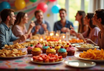 colorful assorted snacks vibrant tabletop display lights festive gathering party atmosphere, candy, fruits, crisps, pastries, appetizers, delight