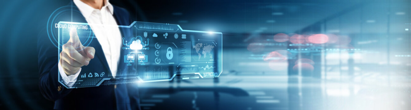 Businessman touching cloud computing on digital screen. scalable infrastructure, virtual storage, distributed networks, data accessibility, digital transformation, hybrid cloud, remote collaboration