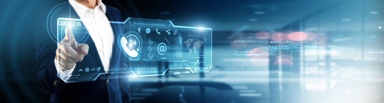 Businessman touching contact us on digital screen. customer connection, instant communication, support channels, inquiry management, engagement tools, client interaction, digital forms