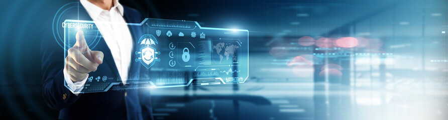 Businessman touching cybersecurity on digital screen. network protection, threat detection,...
