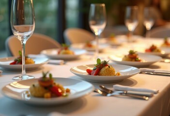 elevated presentation exquisite floating gourmet dishes above minimalist table setting elegant dining experience, food, garde, mise, utensil, plate, chef