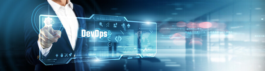 Businessman touching DevOps on digital screen. continuous integration, agile delivery, cloud infrastructure, automated pipelines, collaborative development, rapid deployment, scalable solutions