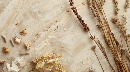 Elegant dried flowers and water droplets on a textured marble surface, creating a stunning aesthetic