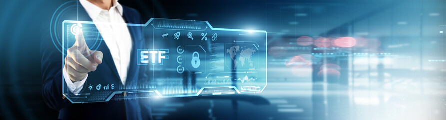 Businessman touching ETF on digital screen. financial investment, stock portfolio, market tracking, asset management, risk analysis, global trading, digital finance solutions, wealth growth