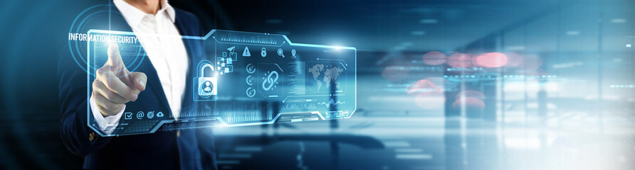 Businessman touching information security on digital screen. cyber defense, risk management, data...