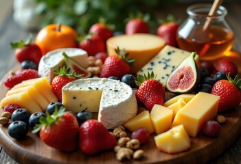 exquisite seasonal cheese board arrangement surrounded vibrant fruits colorful accents gourmet experience, platter, selection, grapes, berries, apples