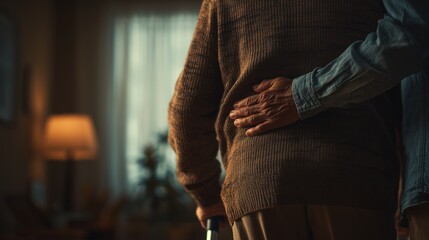 National Rehabilitation Awareness Week. Close-up of an elderly man learning to walk again with support from a rehabilitation specialist, warm atmosphere