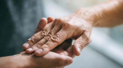 National Rehabilitation Awareness Week. Close-up of hands: therapist helping patient with hand mobility rehabilitation, focus on care and recovery, soft natural light