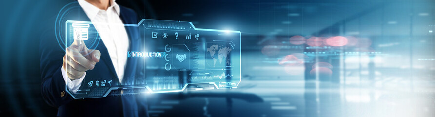 Businessman touching introduction on digital screen. opening strategy, business presentation,...