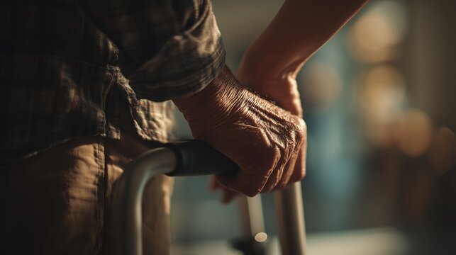 National Rehabilitation Awareness Week. Close-up of an elderly man learning to walk again with support from a rehabilitation specialist, warm atmosphere