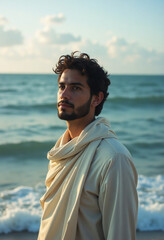 A young man in a flowing robe gazes thoughtfully towards the horizon. The gentle waves lap at the shore as clouds drift by, creating a tranquil and reflective atmosphere Generative AI