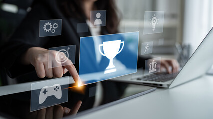 Achievement and success concept representing goal accomplishment, motivation, performance, competition, and excellence in business and personal growth Latch