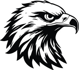 A black and white graphic illustration of an eagle head with sharp features and intense gaze vector