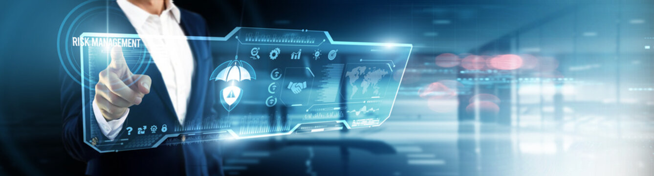 Businessman touching risk management on digital screen. threat analysis, compliance tracking, financial safeguards, operational resilience, predictive modeling, business continuity, risk mitigation