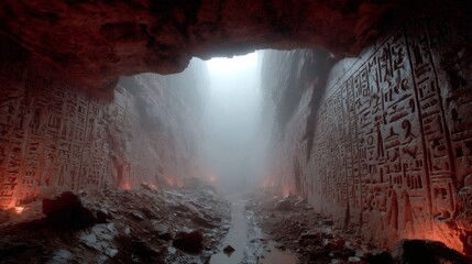 Ancient Egyptian tomb interior with hieroglyphics and sunbeam. Archaeological discovery of pharaoh burial chamber. Historical excavation site for study of ancient civilization