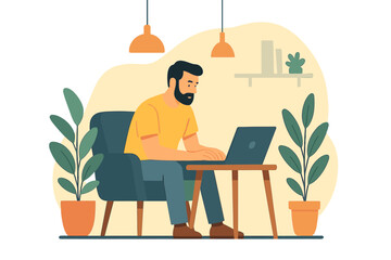 A contemporary illustration featuring a man using a laptop in a trendy cafe, ideal for business and marketing websites