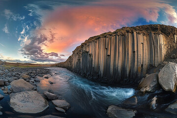 Icelandic Basalt Columns and River Landscape Under a Colorful Sunset Sky