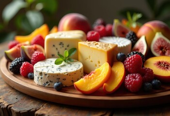 gourmet artisan cheese selection vibrant seasonal fruit platter stylish presentation culinary indulgence, delicacy, tasting, flavor, cheddar, brie, gouda, tart