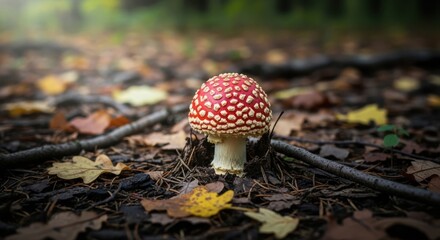 Vibrant red amanita mushroom in autumn forest floor with fallen leaves