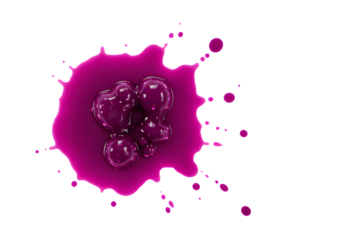 Expressive magenta paint splattered across a pristine white backdrop, forming an intriguing abstract design with textured droplets, perfect for creative concepts.