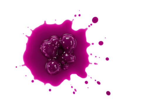 Expressive magenta paint splattered across a pristine white backdrop, forming an intriguing abstract design with textured droplets, perfect for creative concepts.