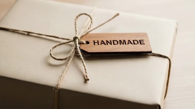 Handmade gift box wrapped in eco-friendly kraft paper with a wooden tag
