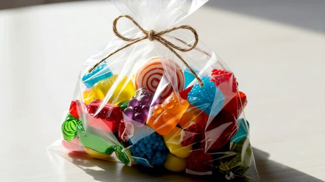 Transparent candy bag tied with twine, filled with colorful sweets