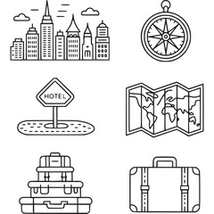 Line art illustration of travel icons isolated on white background, featuring city skyline, compass, map, hotel sign, and luggage for tourism and adventure