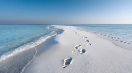 Obraz premium Footprints in the sand on a tropical beach leading to the ocean