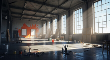 Art studio with paintings easels and art supplies bathed in sunlight