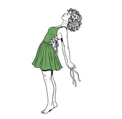 Girl in Green Dress Leaning Back – Minimal Fashion Line Art Vector
