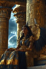 Obraz premium Fashion shot, creative stunning model cosplay Cleopatra rest on her throne, glamorous clothes, gold accessories, set an Egypt palace in dessert, decorate with gold, grand pillars, blue sky