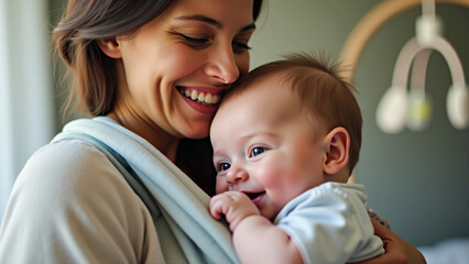 Fototapeta premium Pregnant Woman Holding Baby in Cozy Home Setting